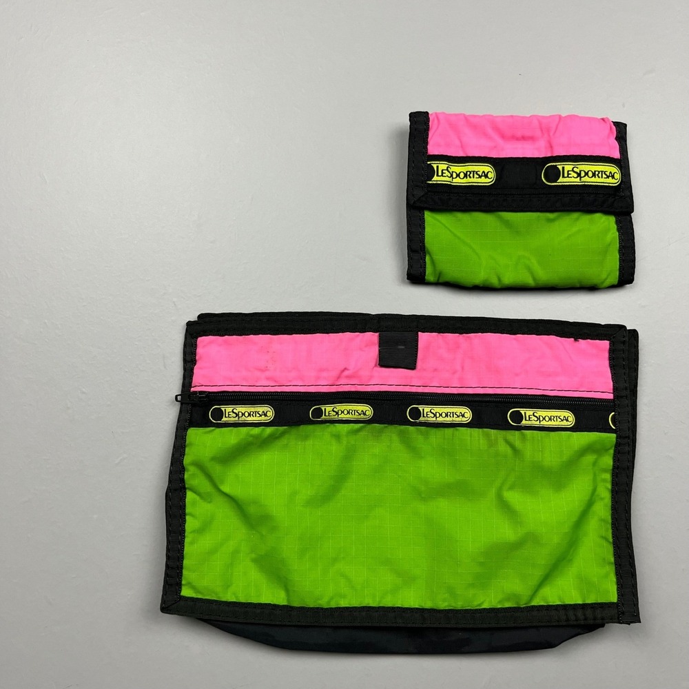LeSportsac Pouch & Wallet Set Unisex OS Pink Green Neon Vintage Ripstop 90s